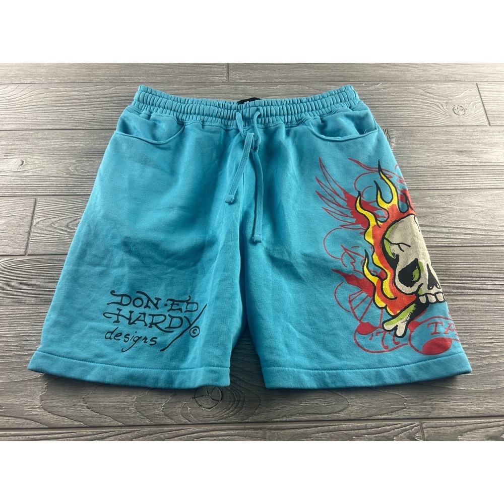 Ed Hardy Sweat Shorts Mens Medium Blue Cotton Drawstring Elastic Waistband